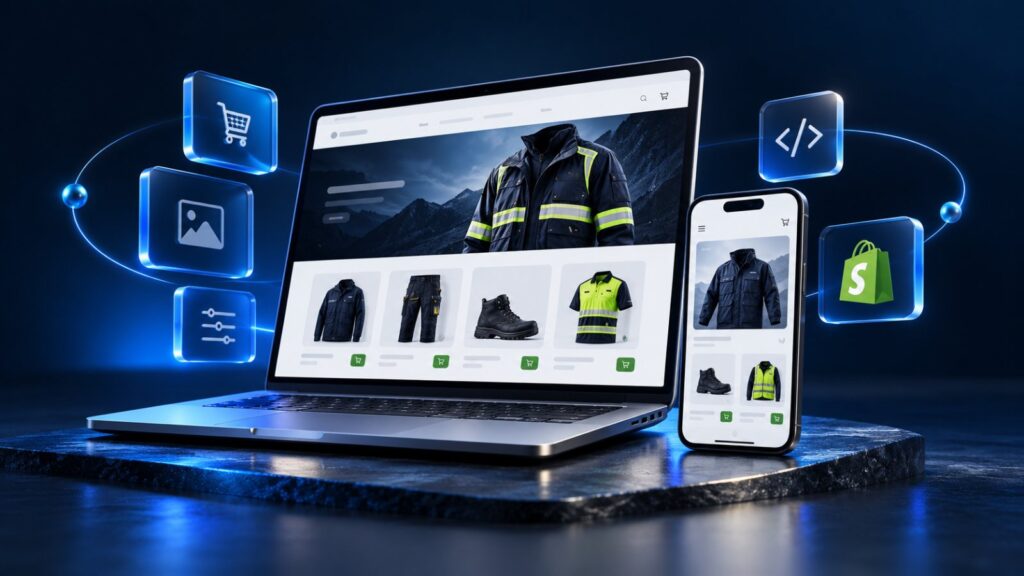 Custom Shopify website design for a workwear store shown on laptop and mobile